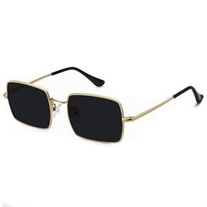 Rectangle Retro Gold Metal Frame Polygon Women Men Square Black Tint Sunglasses